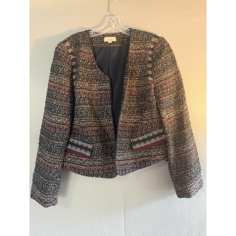LOFT Jacket Womens 14 Multicolor Tweed Collarless Open Front Lined Pockets